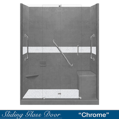 Freedom Pearl Hex Mosaic Wet Cement 60" Alcove Stone Shower Enclosure Kit