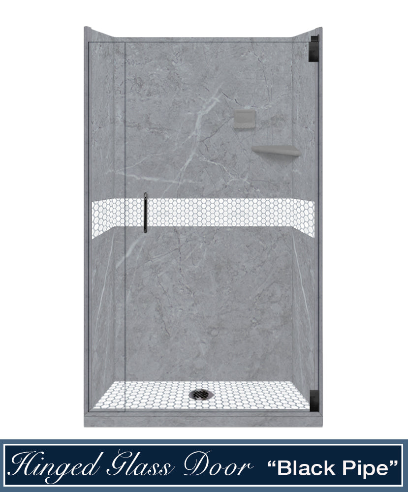 60" Alcove Grio Medici Marble & Pearl Hex Mosaic Accent Shower Remodel Kit