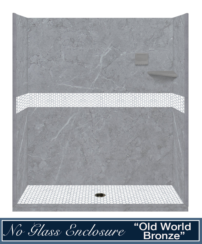60" Alcove Grio Medici Marble & Pearl Hex Mosaic Accent Shower Remodel Kit