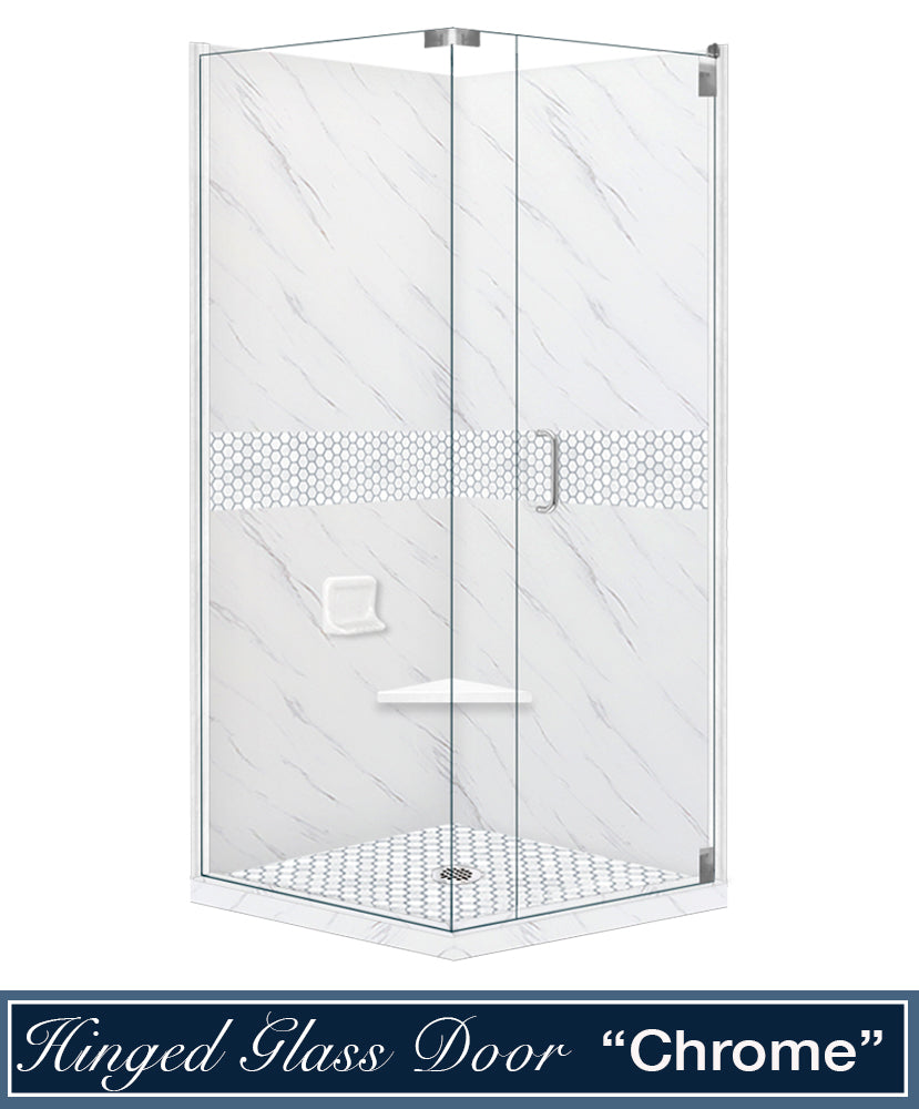 Carrara Marble Pearl Hex Mosaic Corner Shower Enclosure Kit