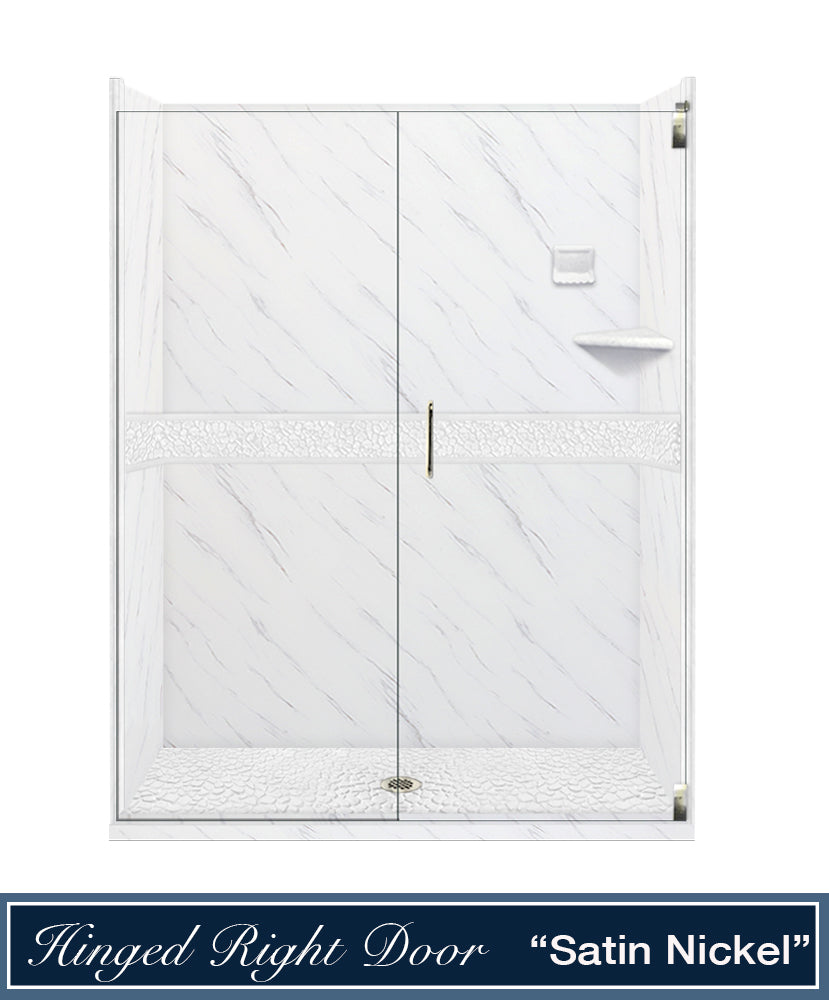60" Alcove Carrara Medici Marble & pebble Stone Accent Shower Remodel Kit
