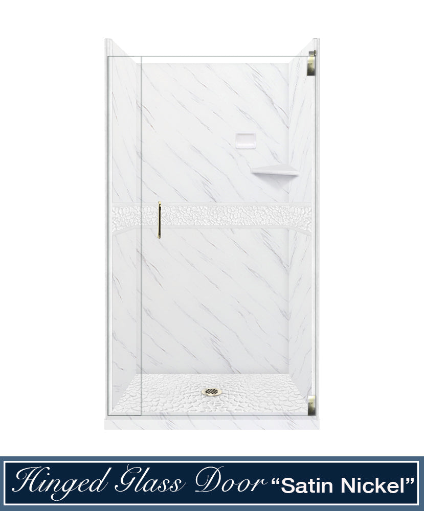 60" Alcove Carrara Medici Marble & pebble Stone Accent Shower Remodel Kit