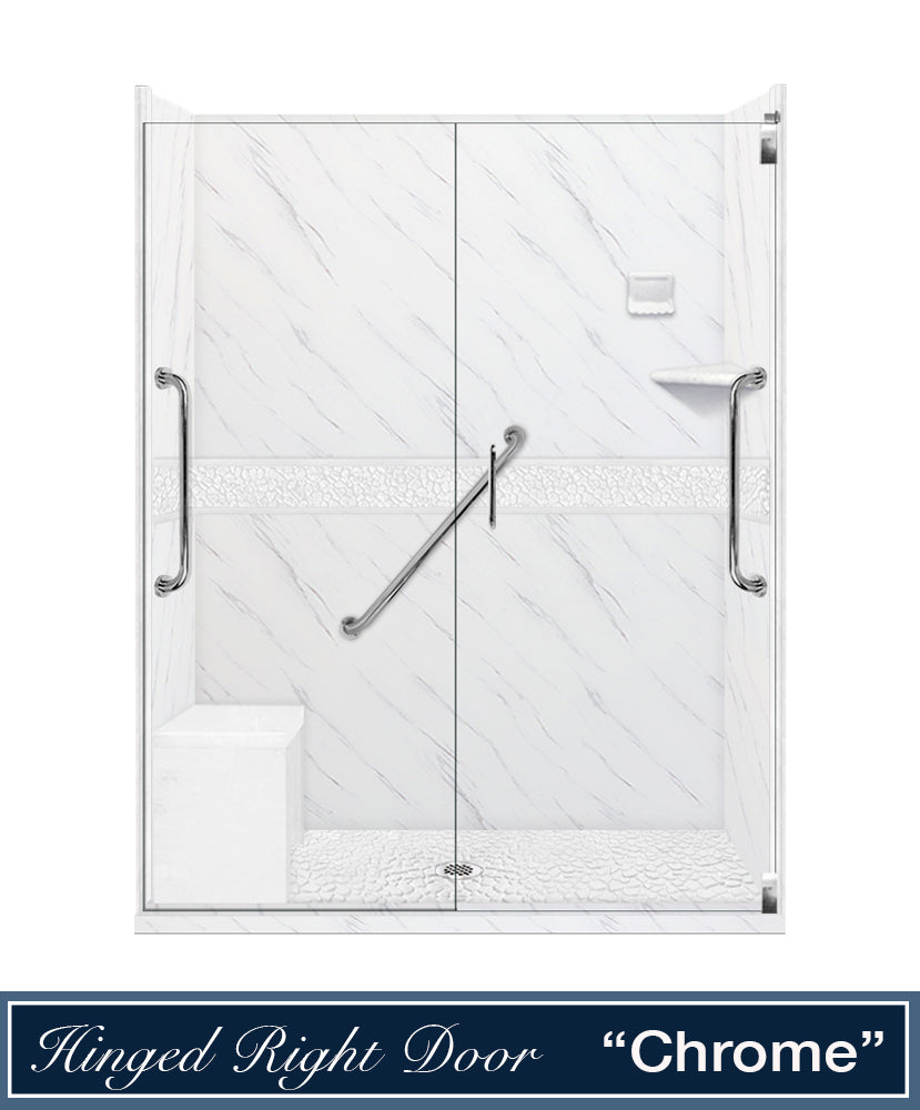 Freedom 60" Alcove Carrara Medici Marble & Pebble Stone Accent Shower Remodel Kit