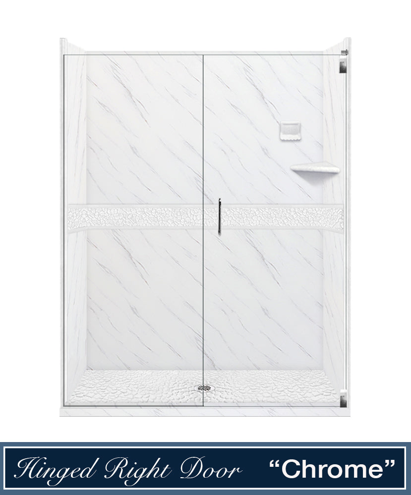 60" Alcove Carrara Medici Marble & pebble Stone Accent Shower Remodel Kit