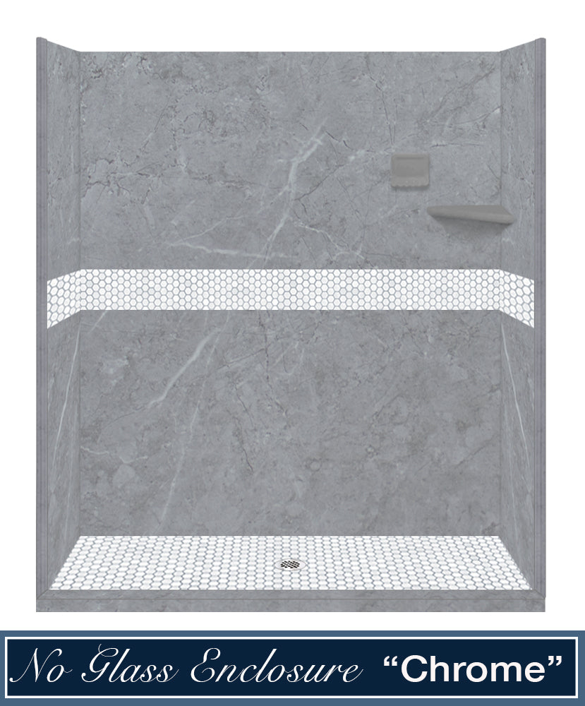 60" Alcove Grio Medici Marble & Pearl Hex Mosaic Accent Shower Remodel Kit