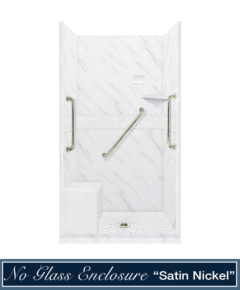 Freedom 60" Alcove Carrara Medici Marble & Pebble Stone Accent Shower Remodel Kit
