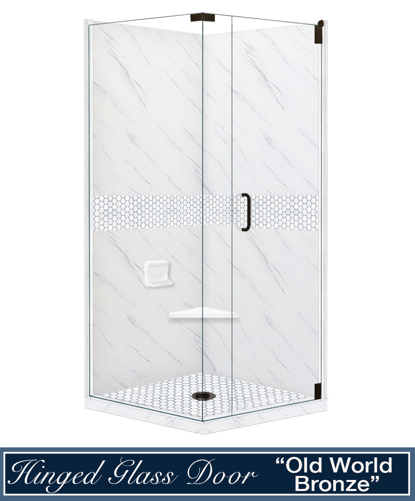 Carrara Marble Pearl Hex Mosaic Corner Shower Enclosure Kit