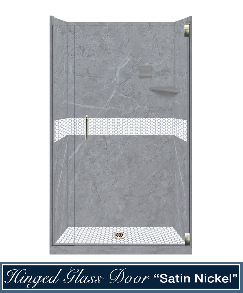 60" Alcove Grio Medici Marble & Pearl Hex Mosaic Accent Shower Remodel Kit