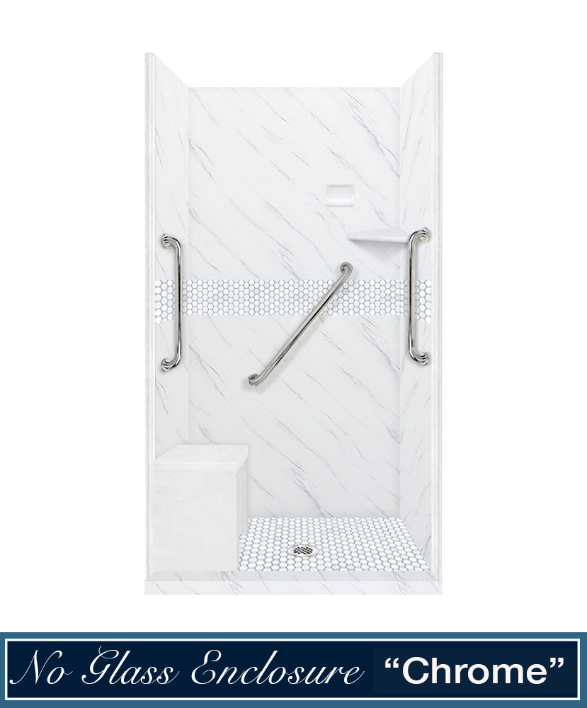 Freedom 60" Alcove Carrara Medici Marble & Pearl Hex Mosaic Accent Shower Remodel Kit