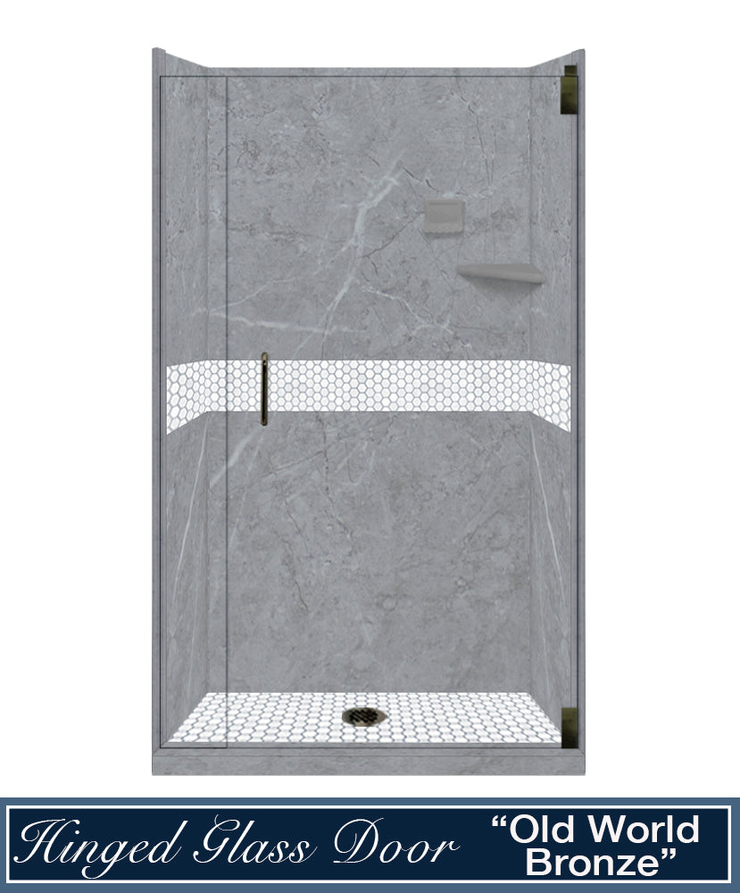 60" Alcove Grio Medici Marble & Pearl Hex Mosaic Accent Shower Remodel Kit