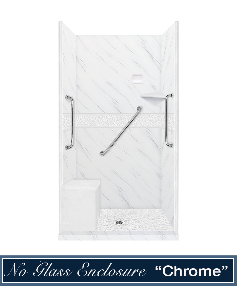 Freedom 60" Alcove Carrara Medici Marble & Pebble Stone Accent Shower Remodel Kit