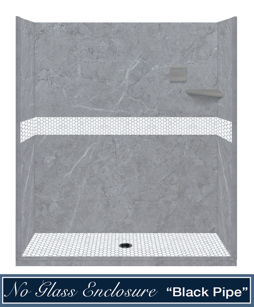 60" Alcove Grio Medici Marble & Pearl Hex Mosaic Accent Shower Remodel Kit
