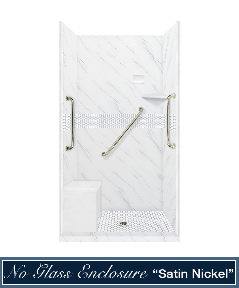 Freedom 60" Alcove Carrara Medici Marble & Pearl Hex Mosaic Accent Shower Remodel Kit