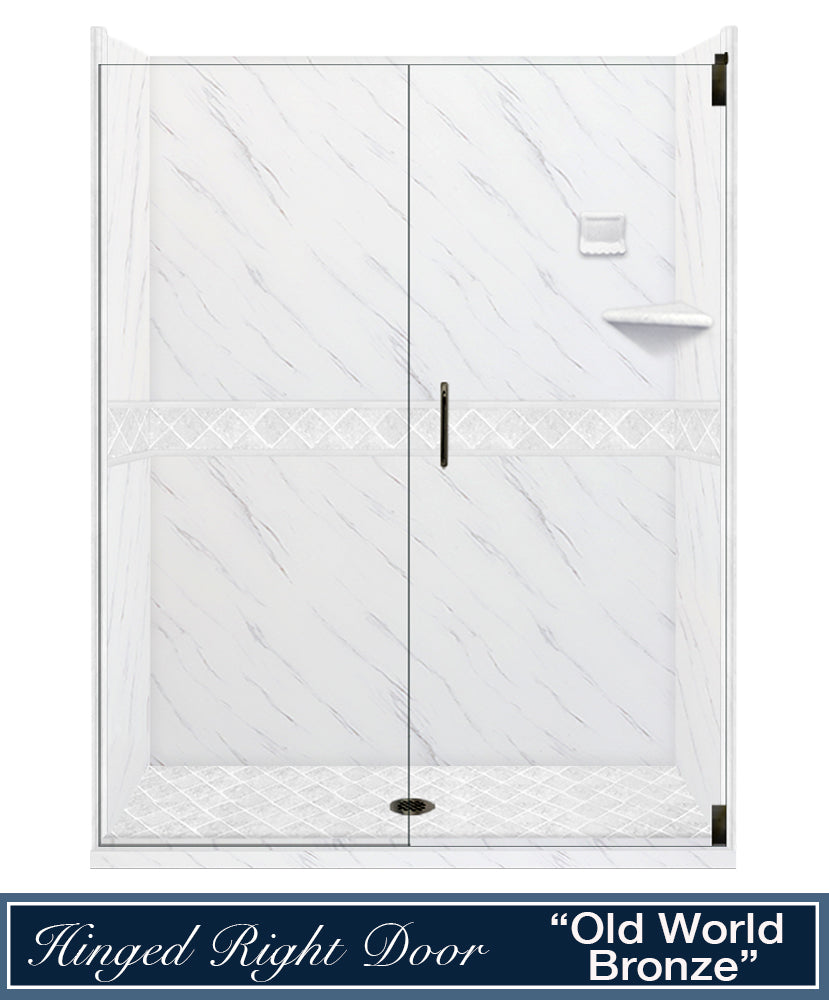60" Alcove Carrara Medici Marble & Diamond Stone Accent Shower Remodel Kit