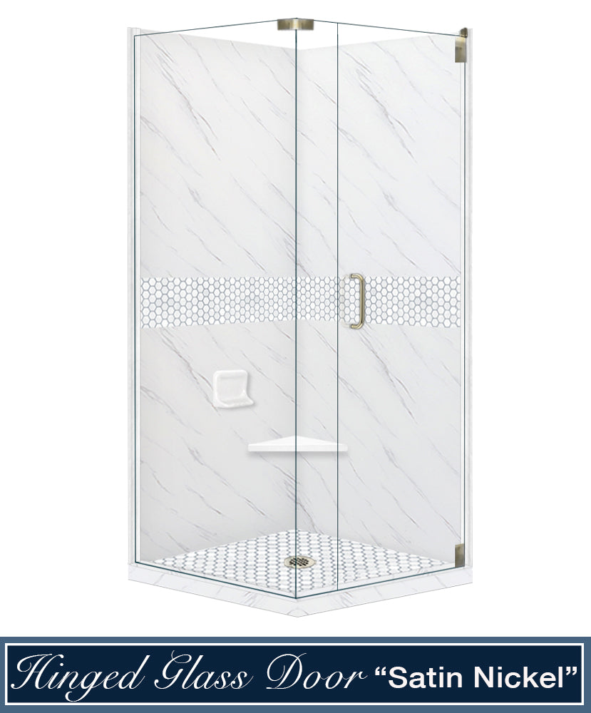 Carrara Marble Pearl Hex Mosaic Corner Shower Enclosure Kit