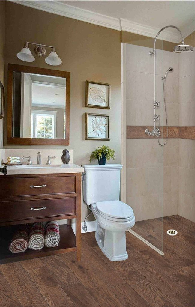 Burnt Oak Zero Thershold 60" Alcove LifeProof Flooring Wood Collection Shower Kits  Shower Kit - American Bath Factory