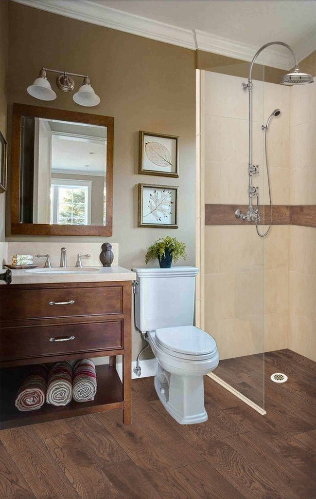 Burnt Oak Zero Thershold 60" Alcove LifeProof Flooring Wood Collection Shower Kits  Shower Kit - American Bath Factory