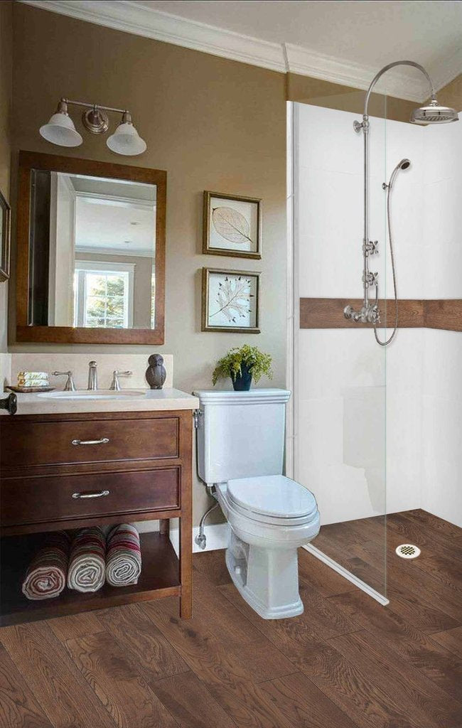 Burnt Oak Zero Thershold 60" Alcove LifeProof Flooring Wood Collection Shower Kits  Shower Kit - American Bath Factory