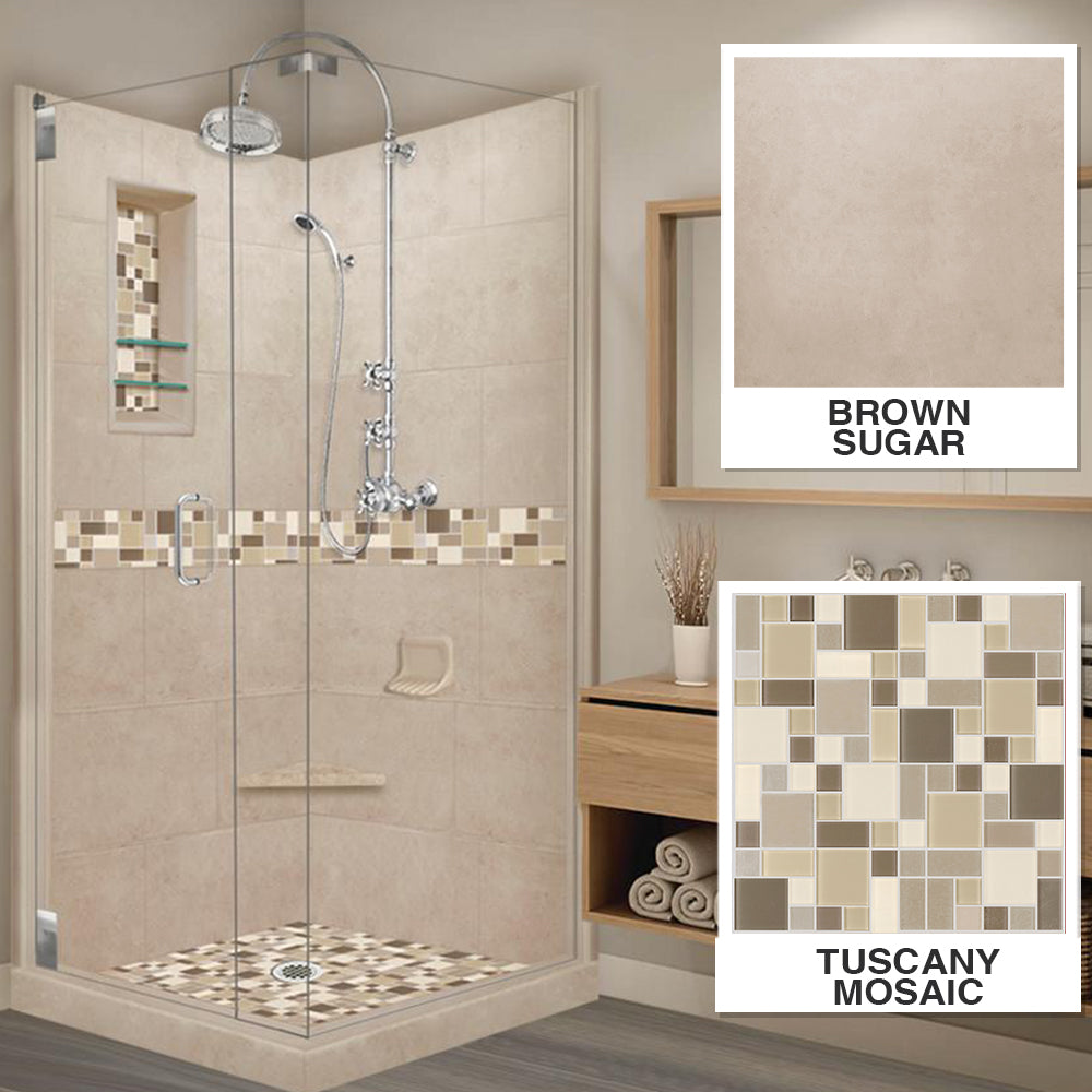 Corner Brown SUgar Sistine Stone & Tuscany Mosaic Accent Shower Remodel Kit