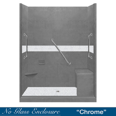 Freedom Pearl Hex Mosaic Wet Cement 60" Alcove Stone Shower Enclosure Kit