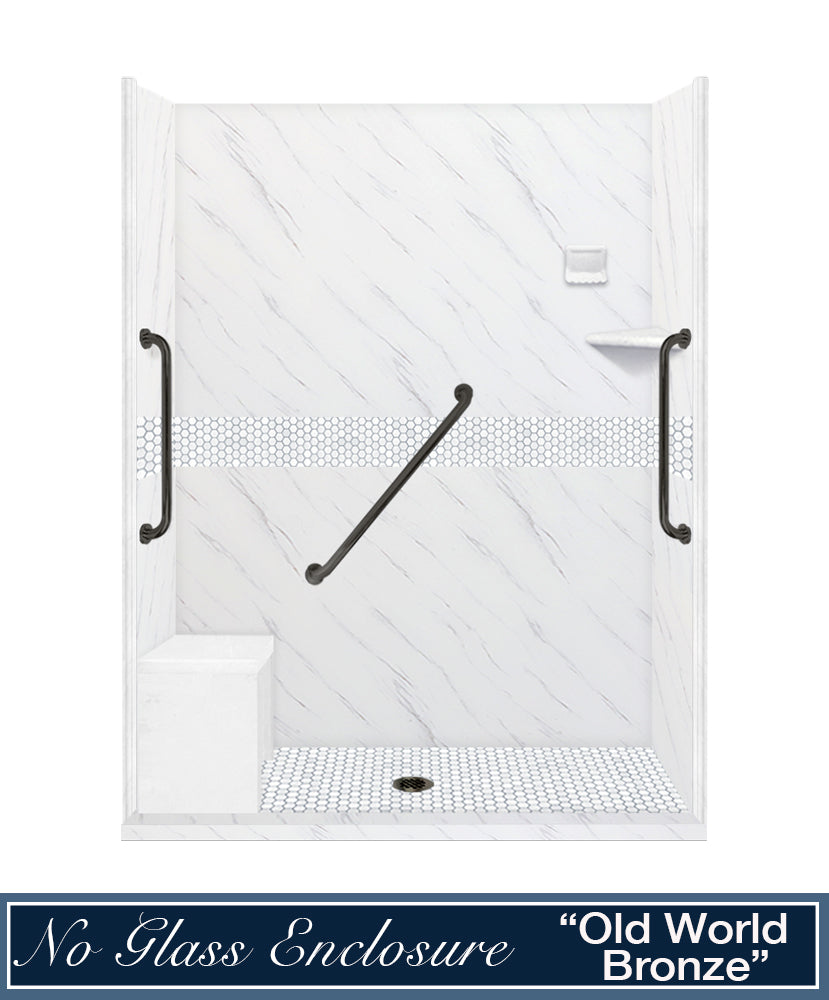 Freedom 60" Alcove Carrara Medici Marble & Pearl Hex Mosaic Accent Shower Remodel Kit
