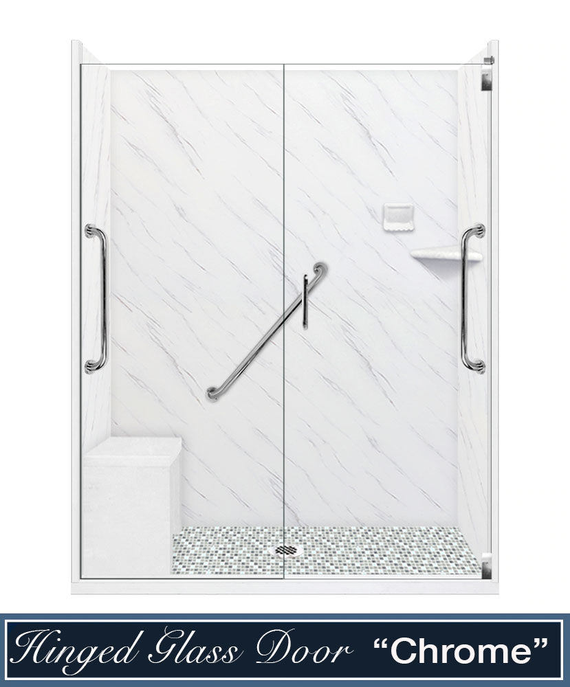 Freedom 60" Alcove Carrara Medici Marble & Newport Mosaic Accent Shower Remodel Kit