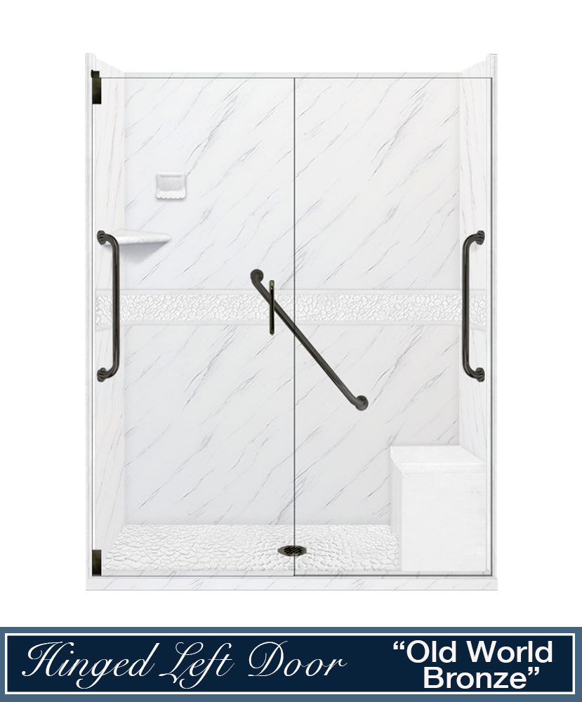 Freedom 60" Alcove Carrara Medici Marble & Pebble Stone Accent Shower Remodel Kit