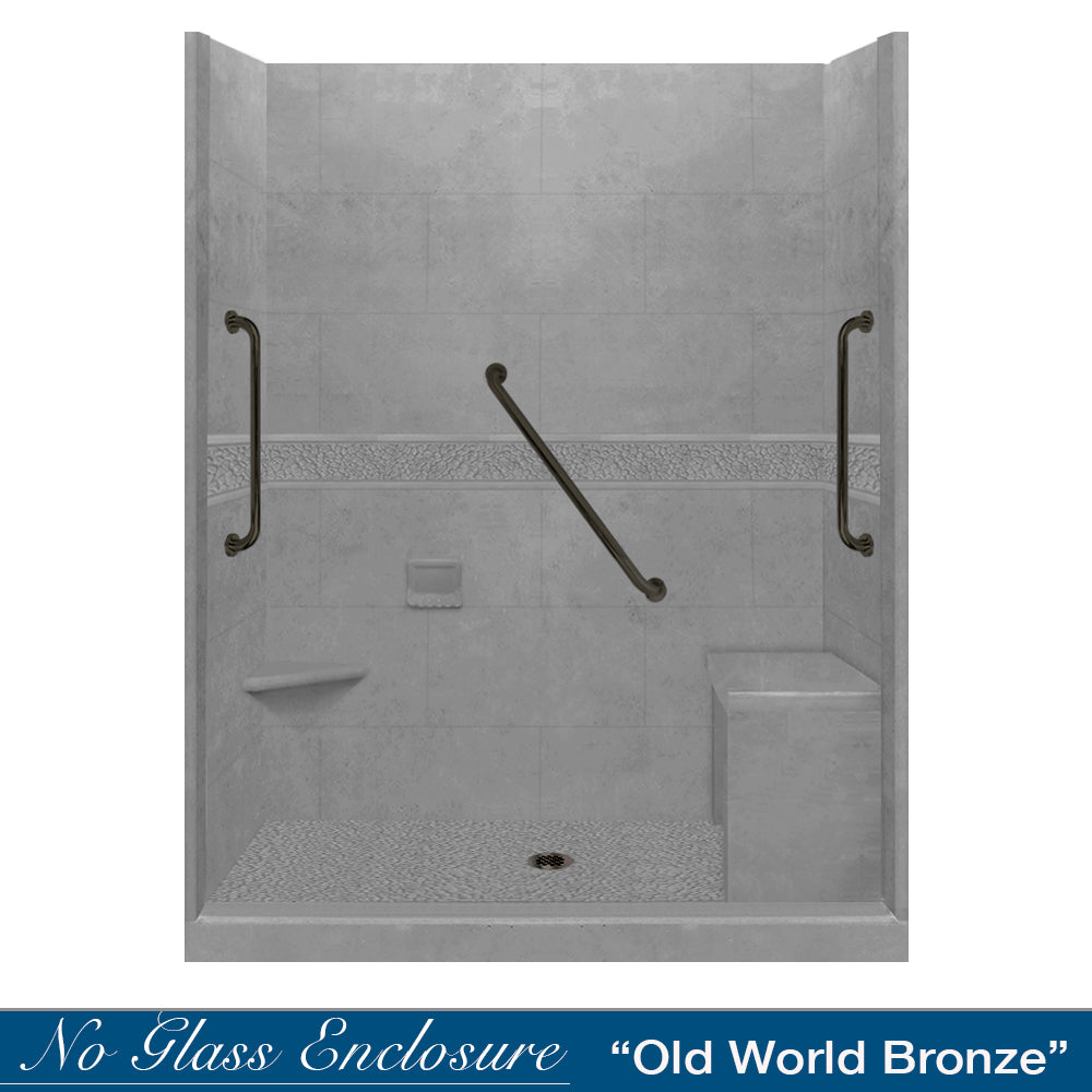Freedom 60" Alcove Wet Cement Sistine Stone & Pebble Stone Accent Shower Remodel Kit