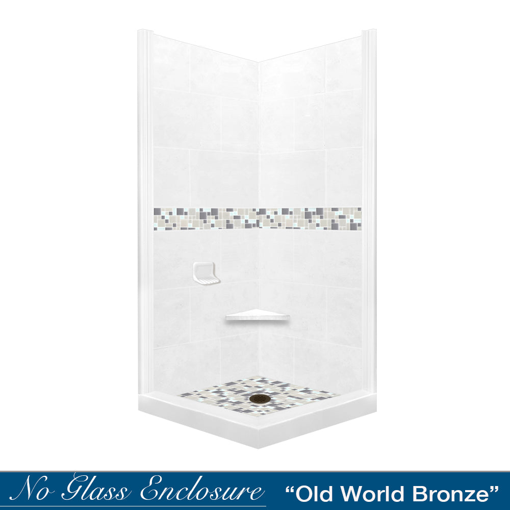 Corner Natural Buff Sistine Stone & Newport Mosaic Accent Shower Remodel Kit