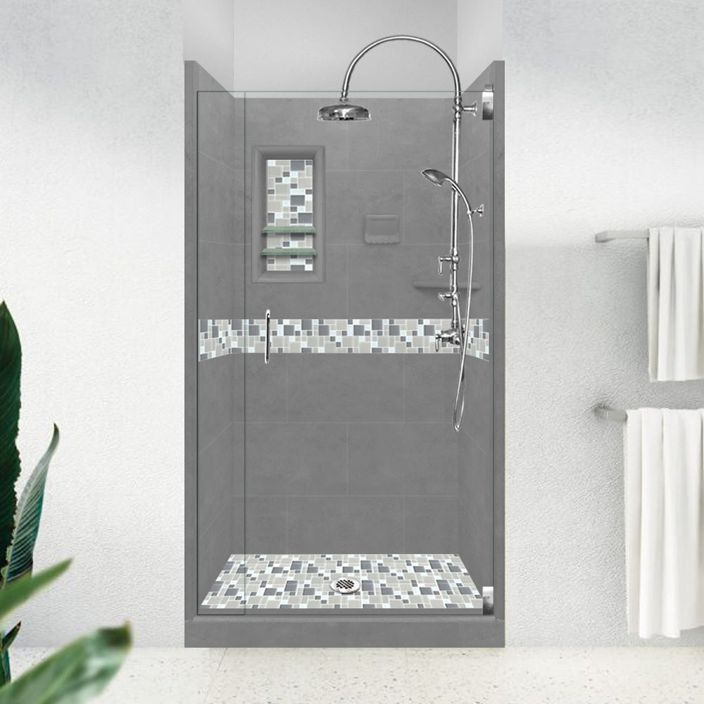 Alcove Wet Cement Sistine Stone & Newport Mosaic Accent Shower Remodel Kit