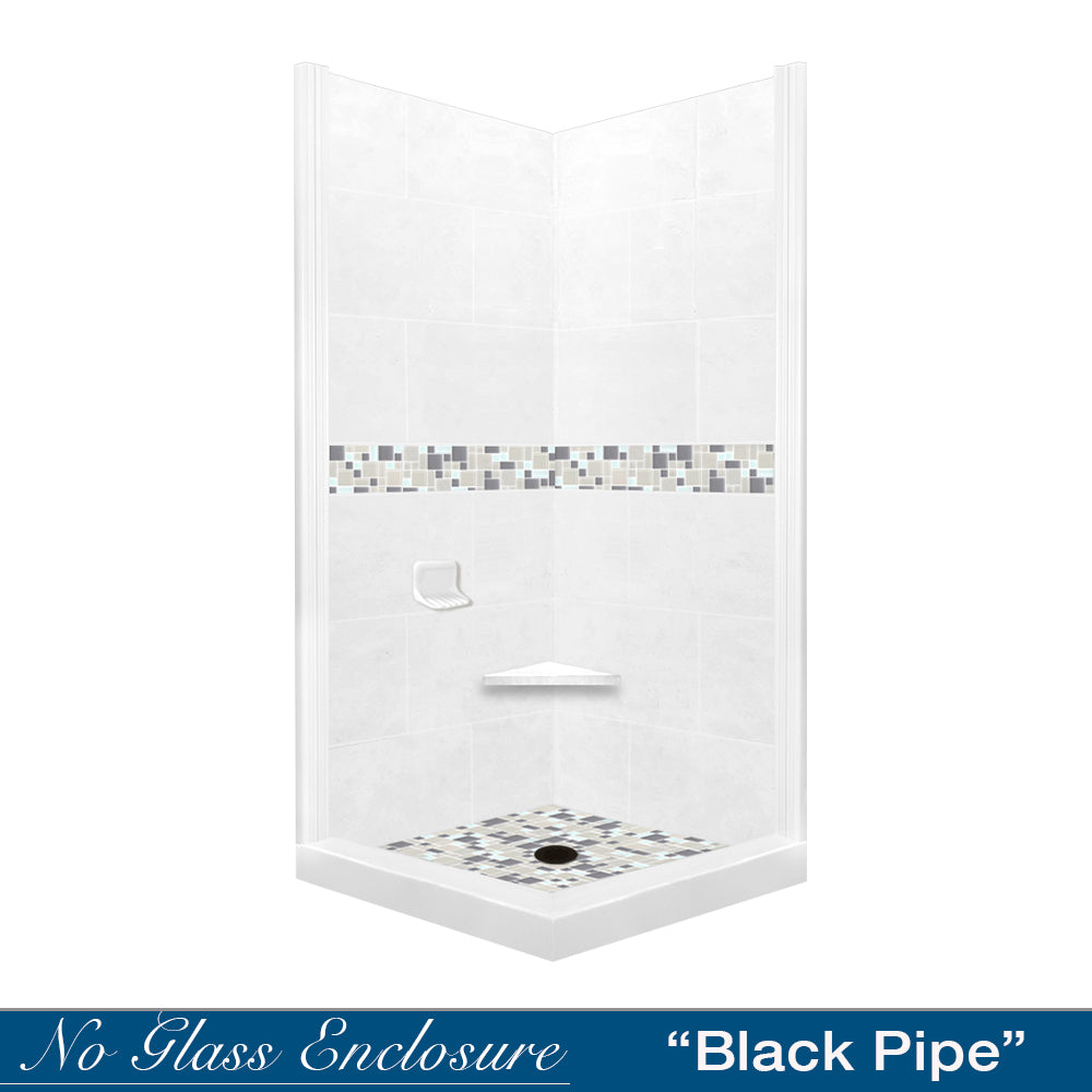 Corner Natural Buff Sistine Stone & Newport Mosaic Accent Shower Remodel Kit