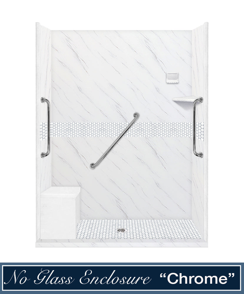 Freedom 60" Alcove Carrara Medici Marble & Pearl Hex Mosaic Accent Shower Remodel Kit
