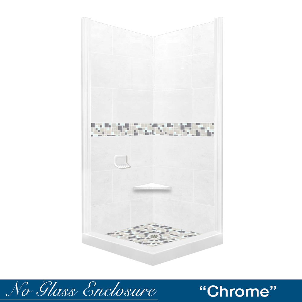 Corner Natural Buff Sistine Stone & Newport Mosaic Accent Shower Remodel Kit