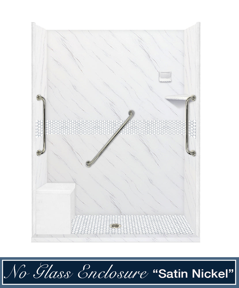Freedom 60" Alcove Carrara Medici Marble & Pearl Hex Mosaic Accent Shower Remodel Kit