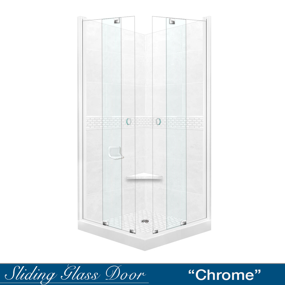 Corner Natural Buff Sistine Stone & Classic Stone Accent Shower Remodel Kit