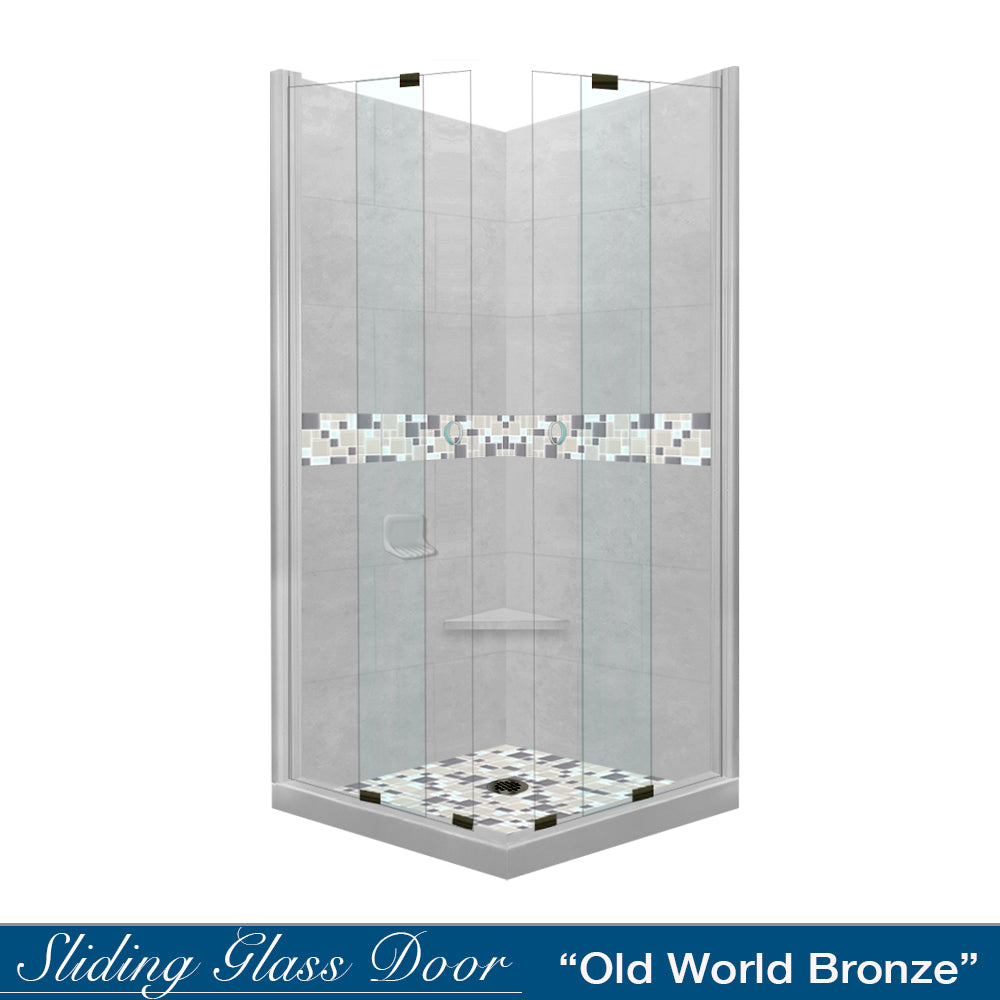 Corner Portland Cement Sistine Stone & Newport Mosaic Accent Shower Remodel Kit