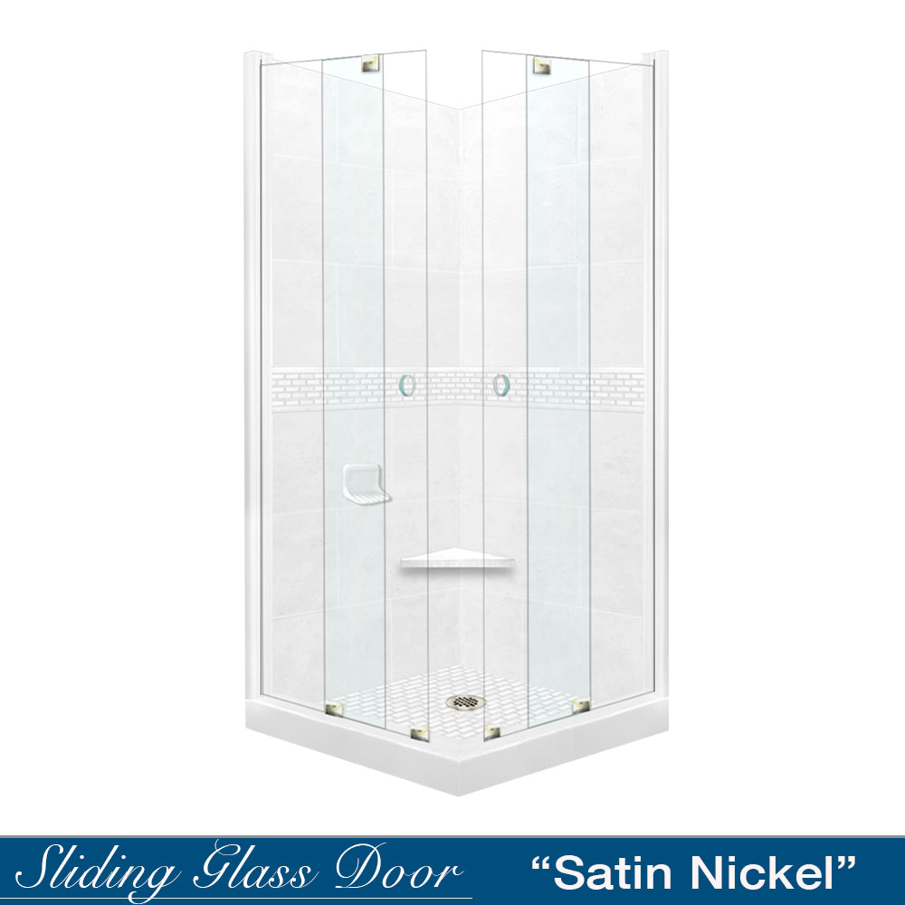 Corner Natural Buff Sistine Stone & Classic Stone Accent Shower Remodel Kit