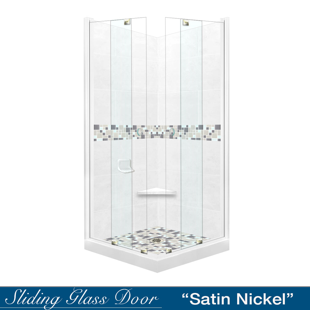 Corner Natural Buff Sistine Stone & Newport Mosaic Accent Shower Remodel Kit