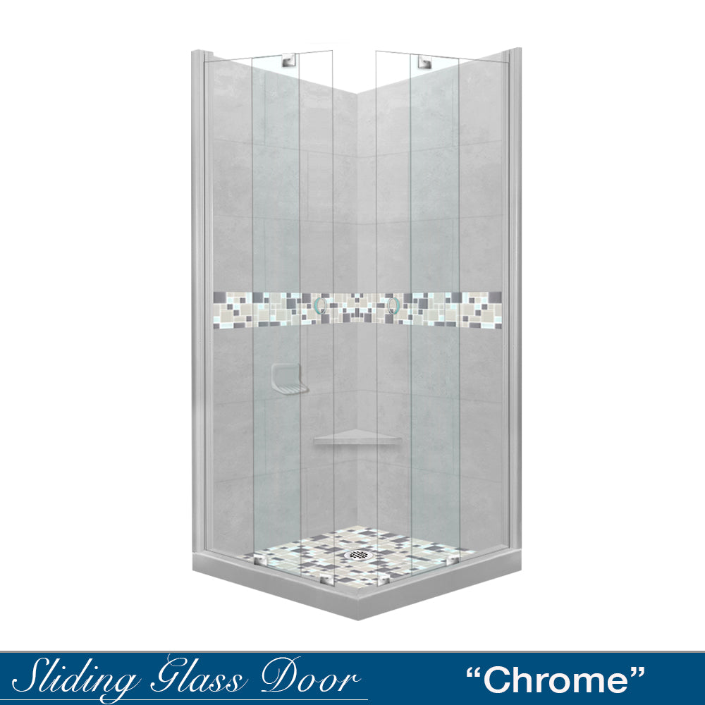 Corner Portland Cement Sistine Stone & Newport Mosaic Accent Shower Remodel Kit