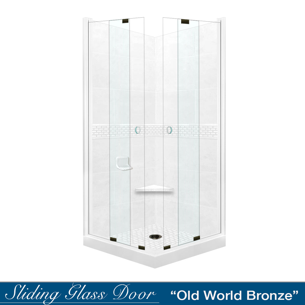 Corner Natural Buff Sistine Stone & Classic Stone Accent Shower Remodel Kit