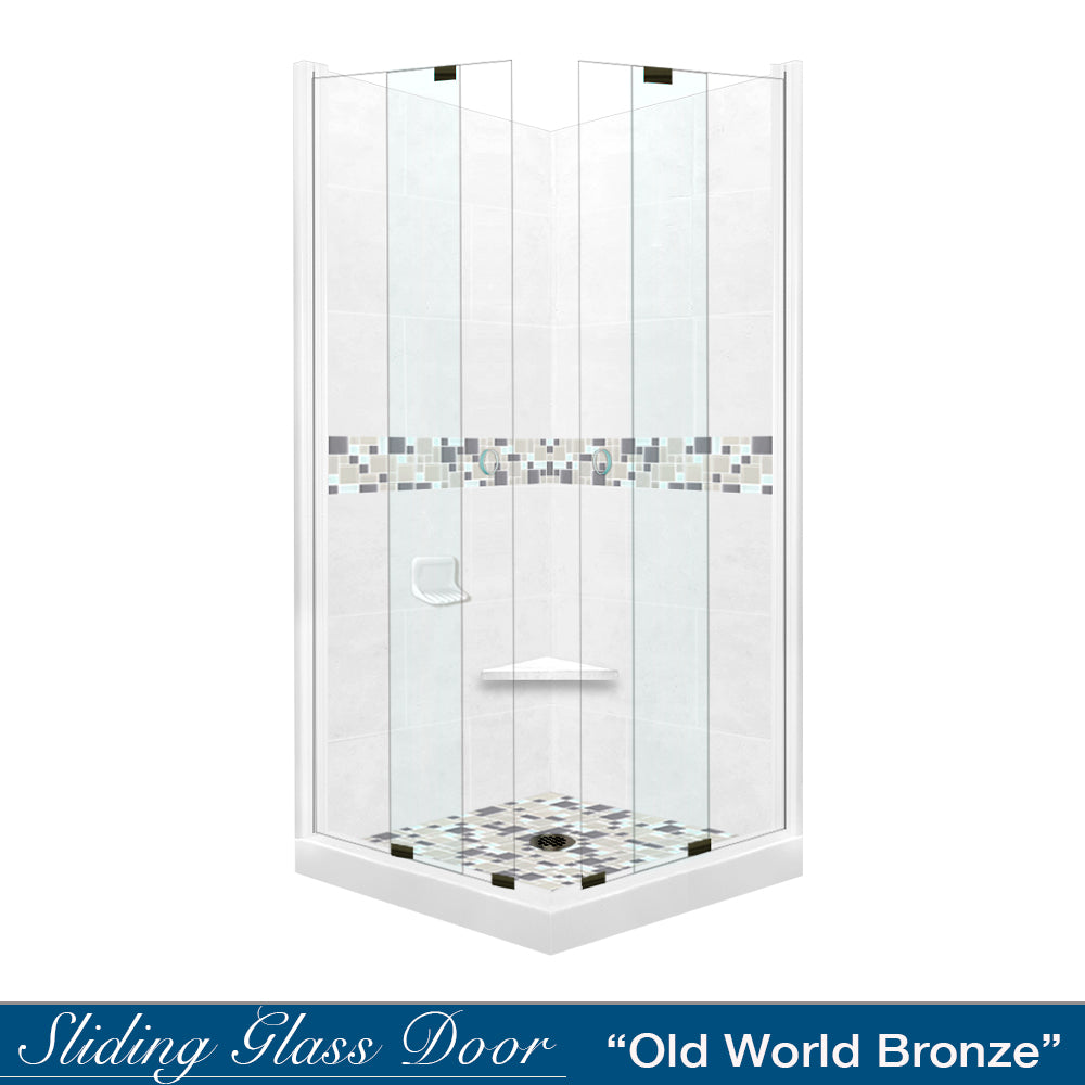 Corner Natural Buff Sistine Stone & Newport Mosaic Accent Shower Remodel Kit