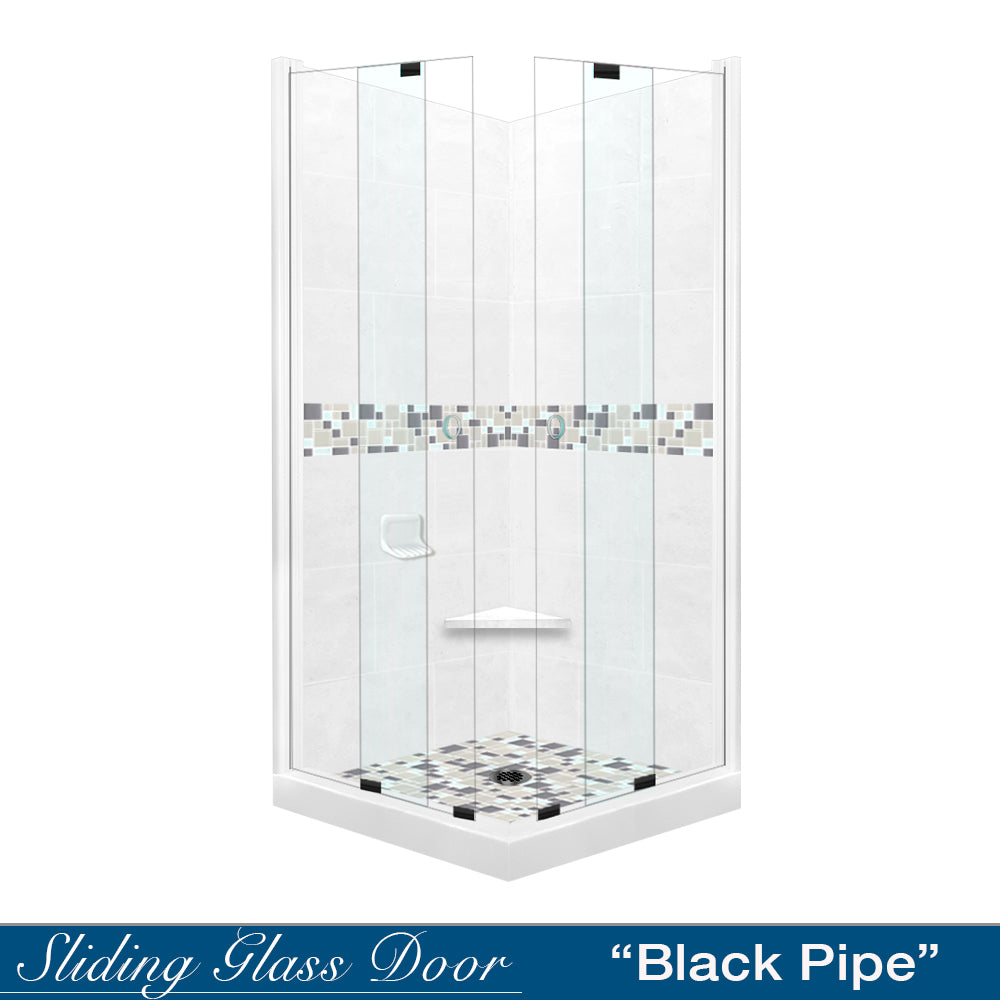 Corner Natural Buff Sistine Stone & Newport Mosaic Accent Shower Remodel Kit