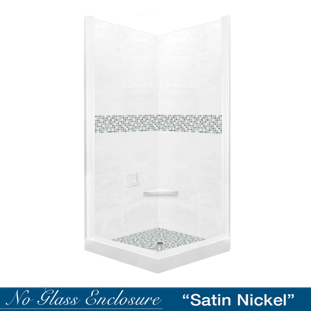 Corner Natural Buff Sistine Stone & Del Mar Mosaic Accent Shower Remodel Kit