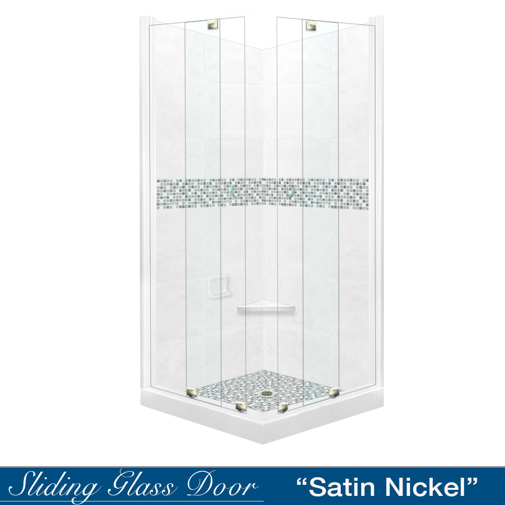 Corner Natural Buff Sistine Stone & Del Mar Mosaic Accent Shower Remodel Kit