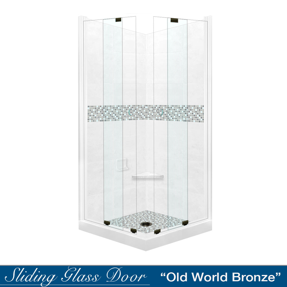 Corner Natural Buff Sistine Stone & Del Mar Mosaic Accent Shower Remodel Kit