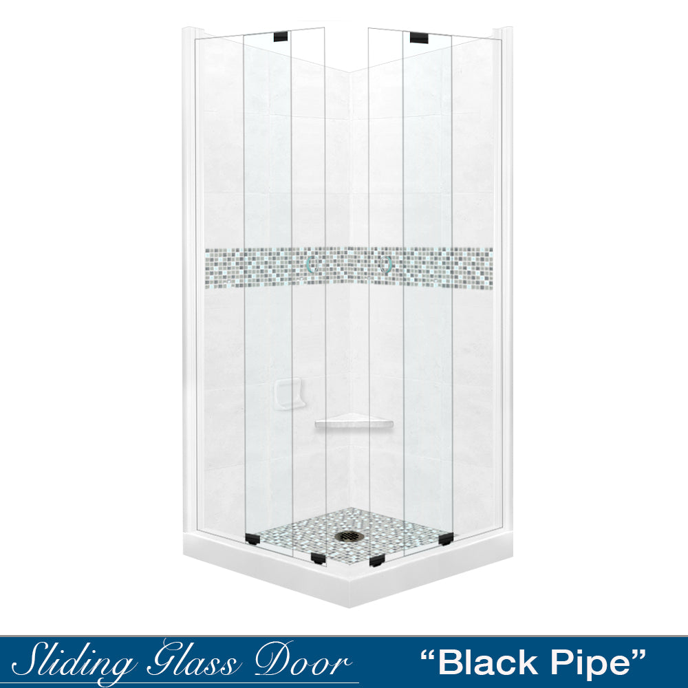 Corner Natural Buff Sistine Stone & Del Mar Mosaic Accent Shower Remodel Kit