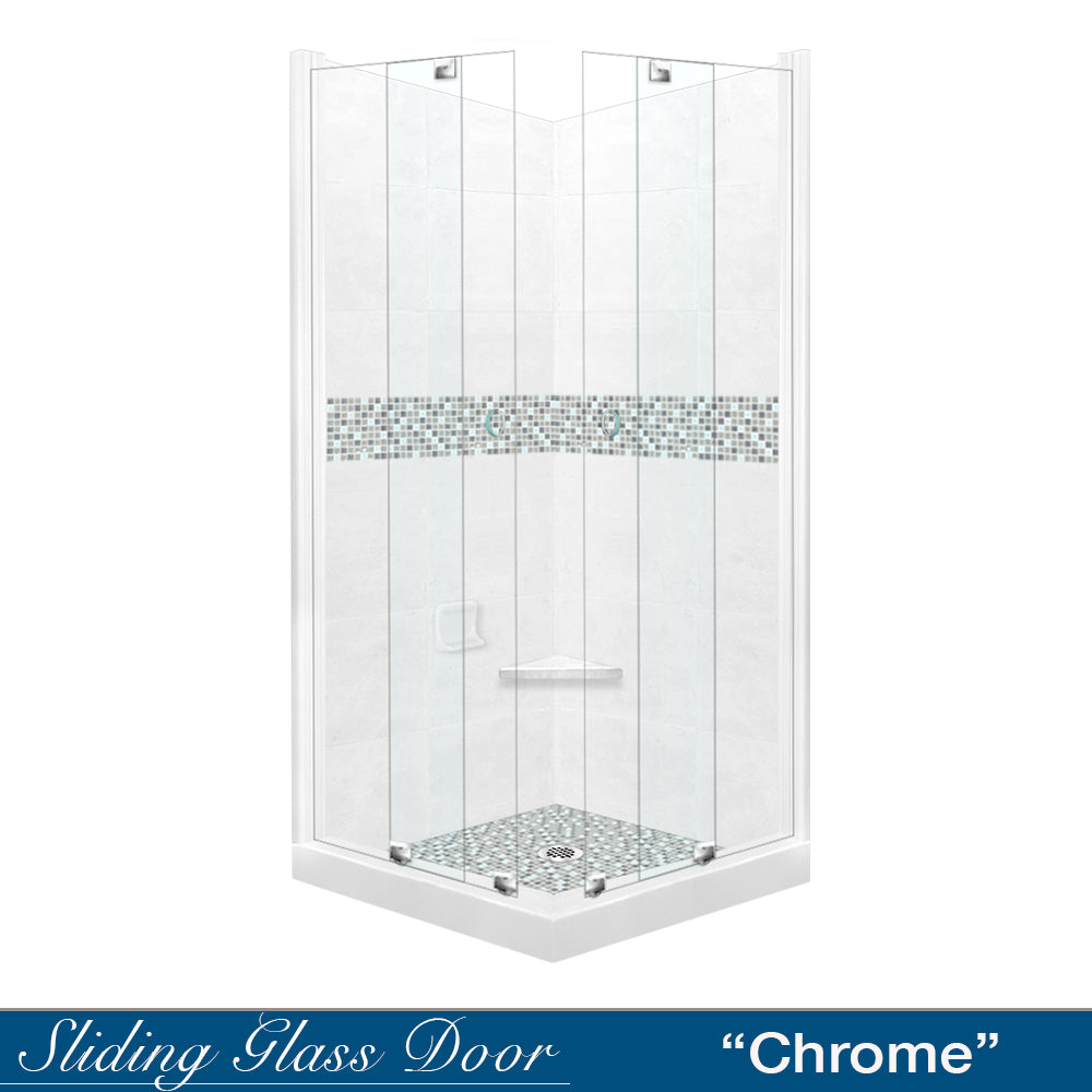 Corner Natural Buff Sistine Stone & Del Mar Mosaic Accent Shower Remodel Kit