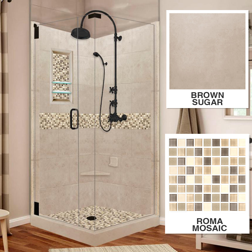 Corner Brown Sugar Sistine Stone & Roma Mosaic Accent Shower Remodel Kit