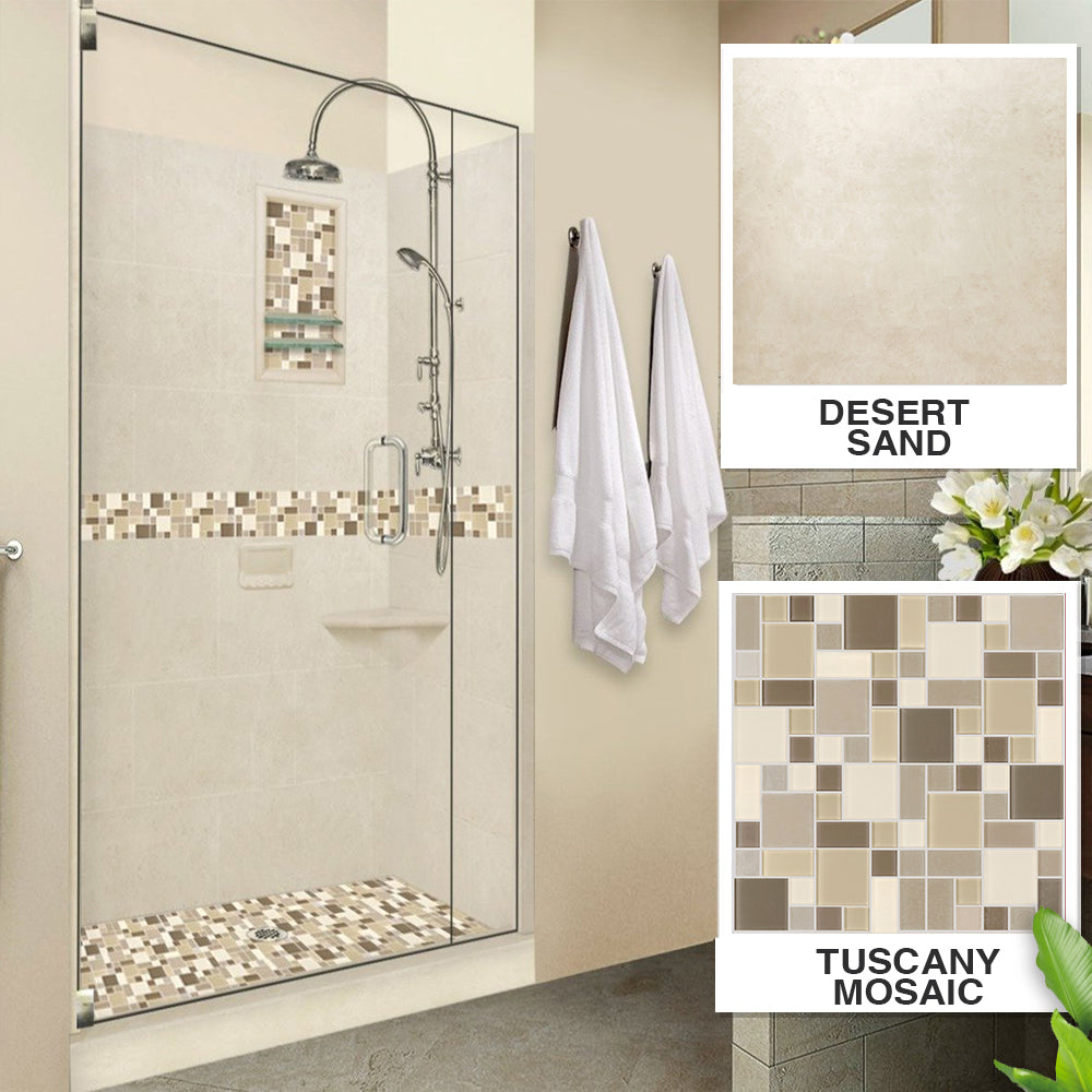 Alcove Desert Sand Sistine Stone & Tuscany Mosaic Accent Shower Remodel Kit