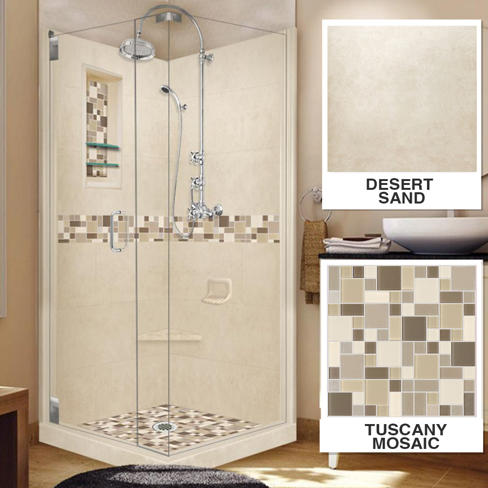 Corner Desert Sand Sistine Stone & Tuscany Mosaic Accent Shower Remodel Kit